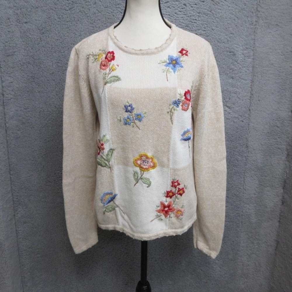 Vintage Haband Salon Studio Embroidered Floral Sweater Women M Ramie Cotton 90s